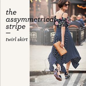 CAbi Navy striped Twirl Midi skirt #5183 Elastic Waist Asymmetrical Hem Sz XL